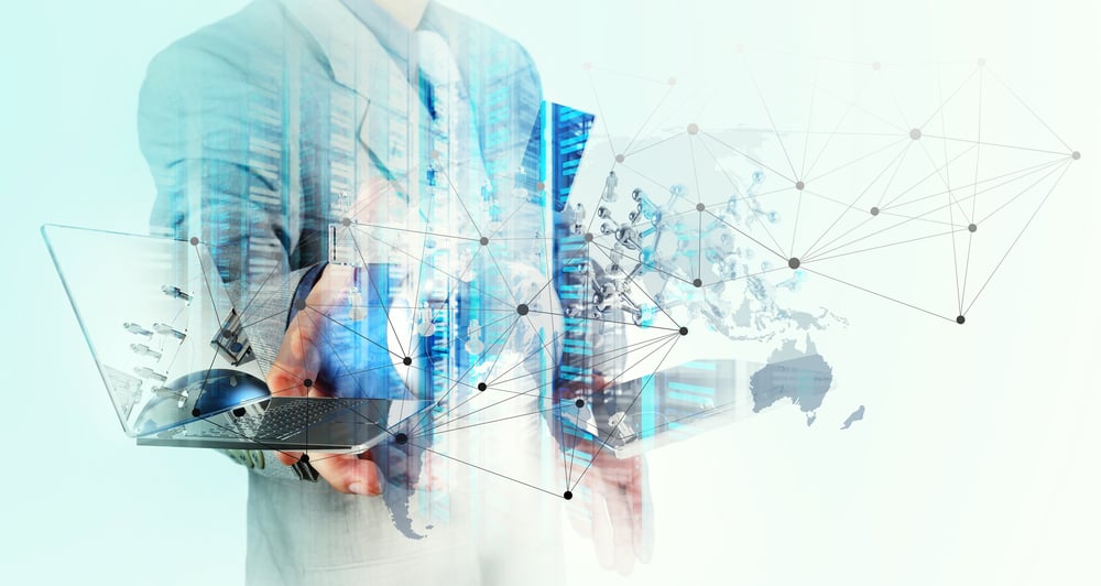 Double exposure of businessman shows modern technology as concept Double exposure of businessman shows modern technology as concept